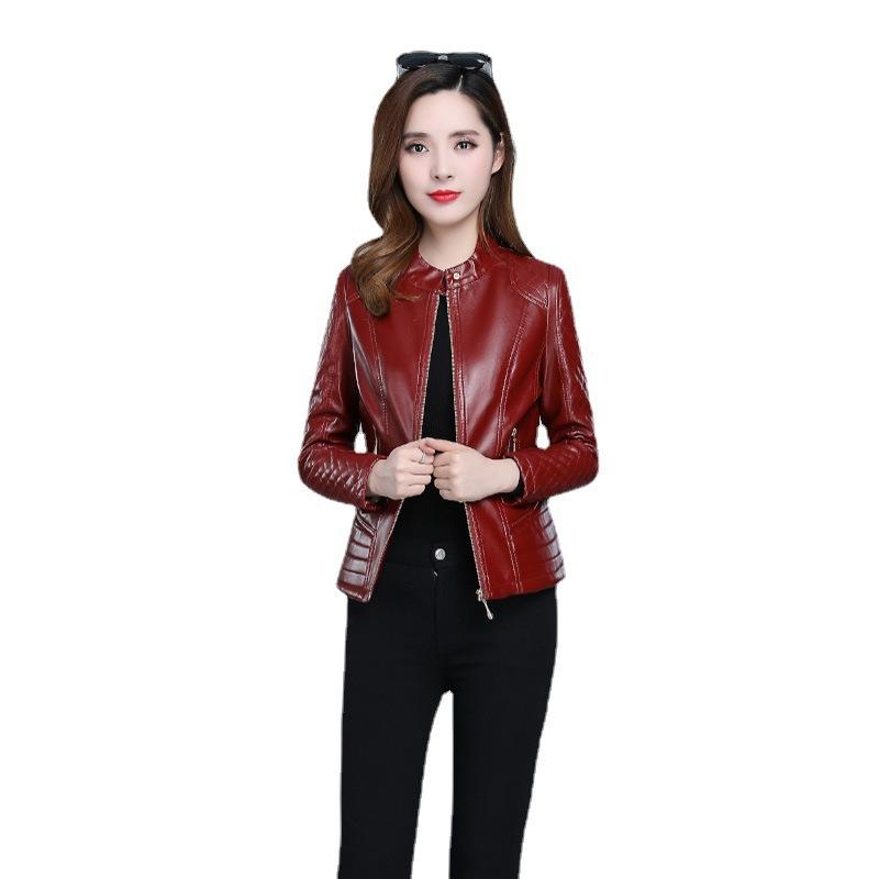 New OL Temperament Korean Version Short Standing Neck Women's Zippered Leather Jacket PU Jacket