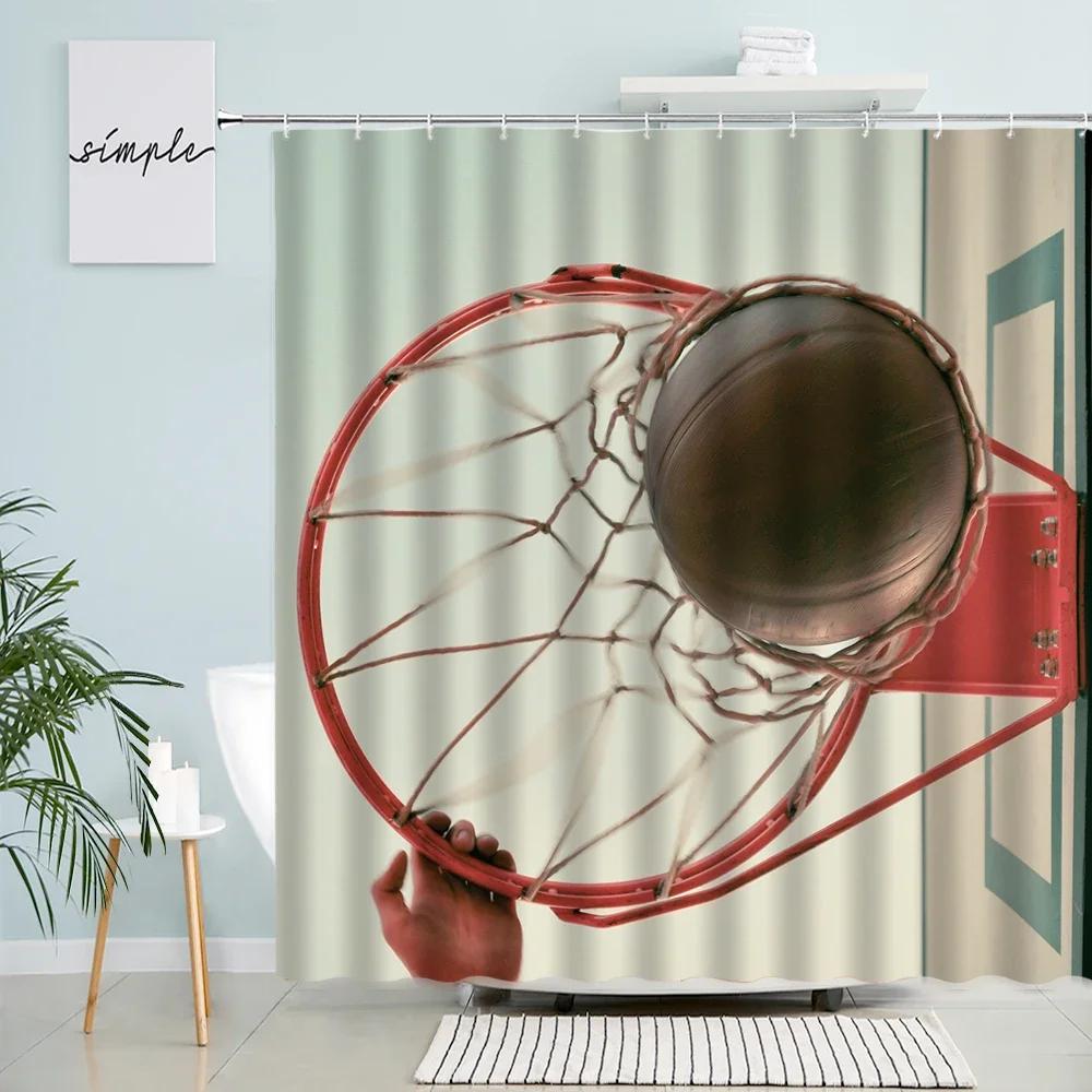 Sports Theme Shower Curtain Basketball Football Abstract Creative Pattern Bathroom Decor With Hook Waterproof Polyester Screen