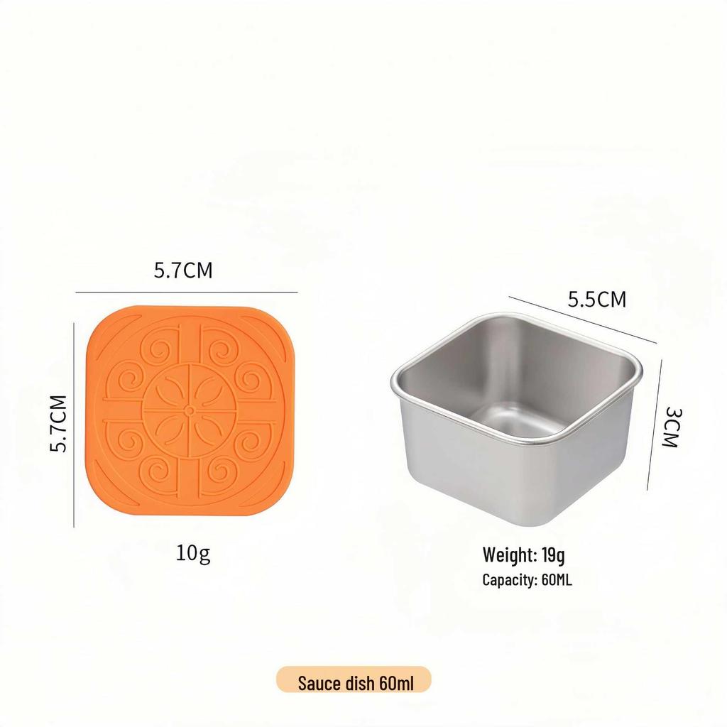 Stainless Steel Sauce & Salad Container with Silicone Lid, 60/180ml, Leakproof Square Design