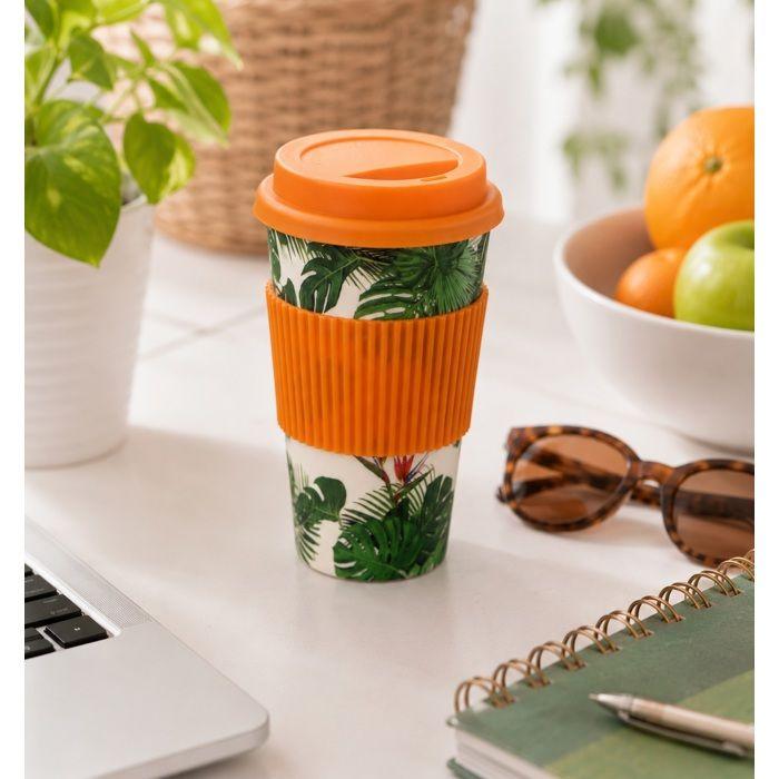 Mug de voyage - EDEN - Tropical Paradise - Bambou 400 ml - Couvercle &amp; bande silicone - Sans BPA