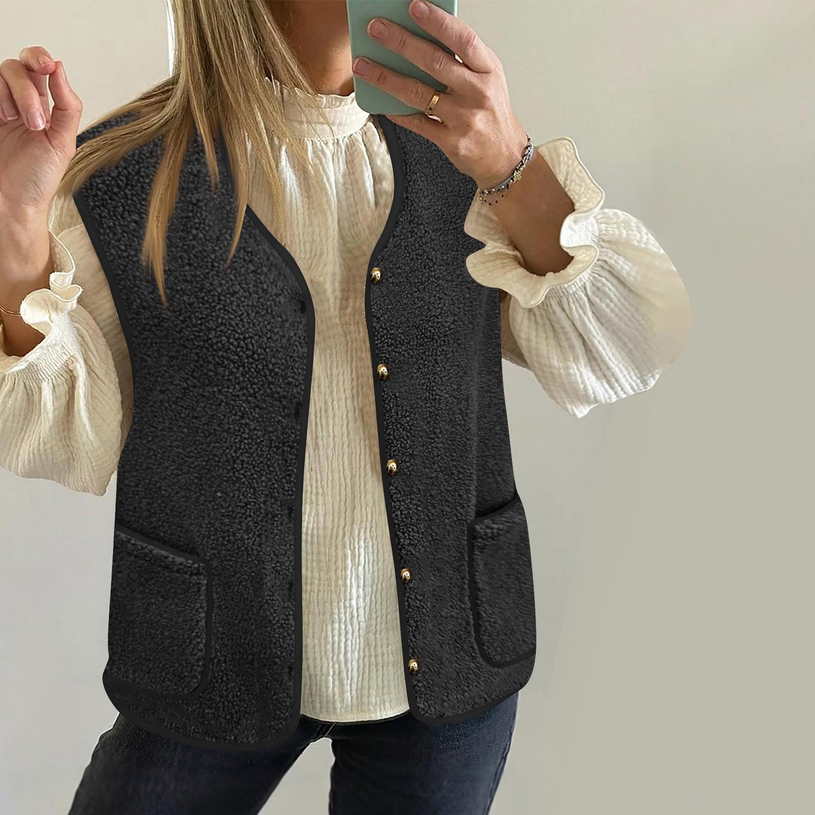 

Женская зимняя теплая плюшевая куртка с открытыми плечами, шерстяной кардиган с длинными рукавами, модный плюшевый жилет S чёрный