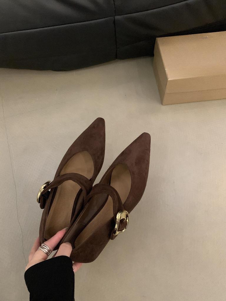Suede inner height increase pointed tip shallow mouth single shoes women's spring and autumn new gentle fairy Mary Jane shoes