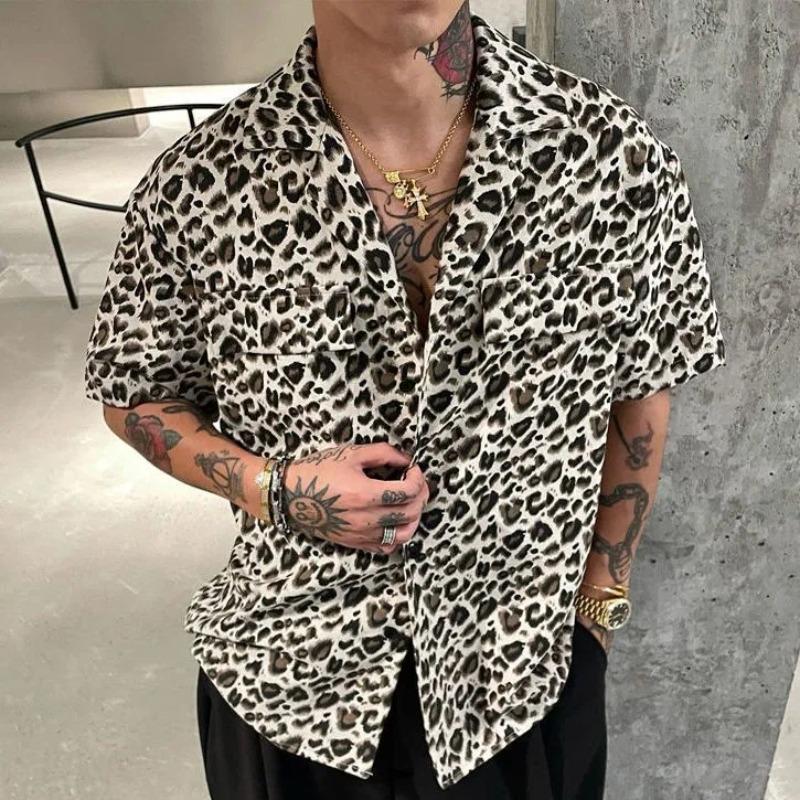 Herren Kurzarmhemd mit Leopardenmuster Kubanischer Kragen Oversized Lässig Streetwear Für Tägliche Partykleidung