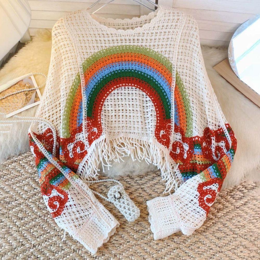 

Облако Радуга Крючком Топ Ажурный Вязаный Пуловер с Кисточками Дышащий Пляжный абрикосовый