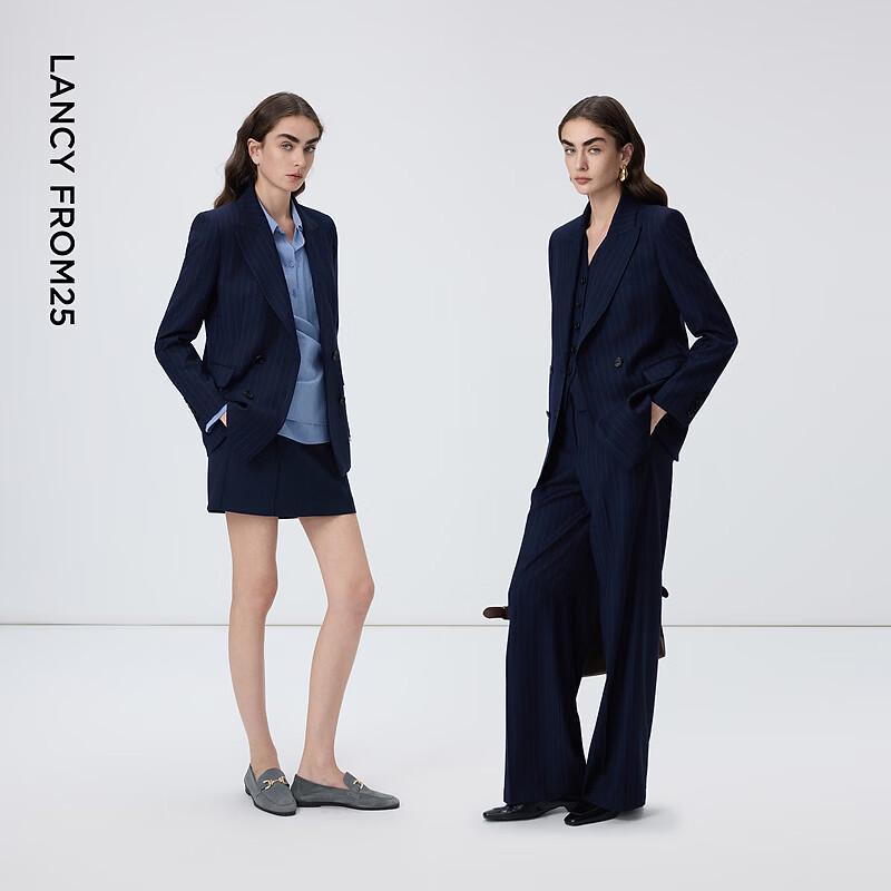 LANGZI Women's Striped Wool Double-Breasted Suit Jacket