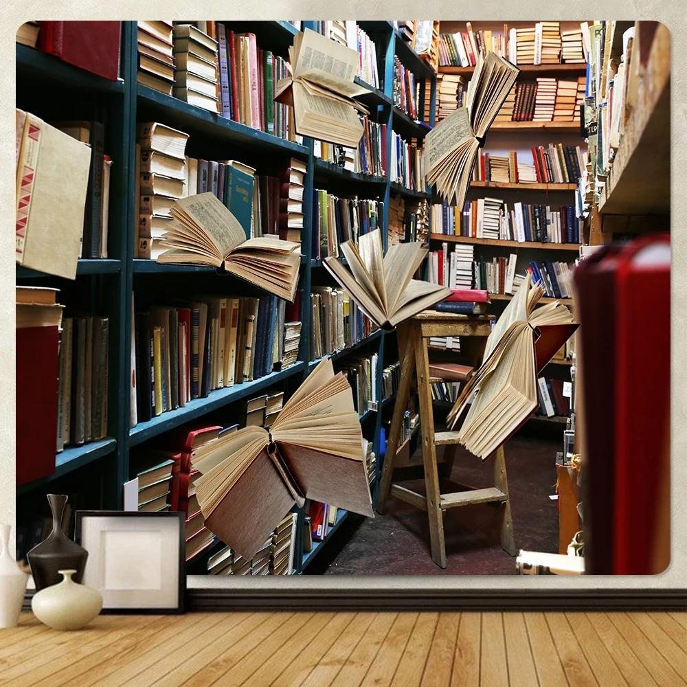 Vintage Library Bookshelf Tapestry Office Living Room Decoration Home Wall Tapestry