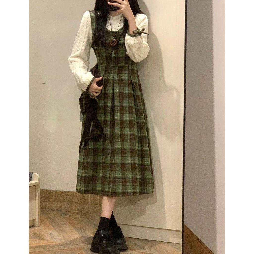 2025 Retro Mori Kostkovaný Vlněný Směs Dvou dílný: Šaty zeštíhlující pas pro studenty, Podzim/Jaro