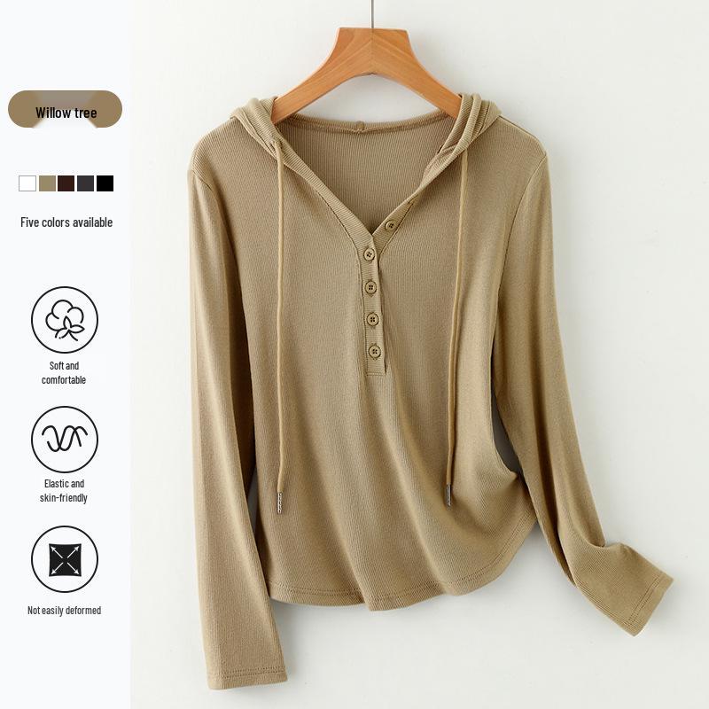 Women's V-Neck Button-Down Hooded Sweatshirt Base Layer - Slim Fit Long Sleeve for Spring & Autumn