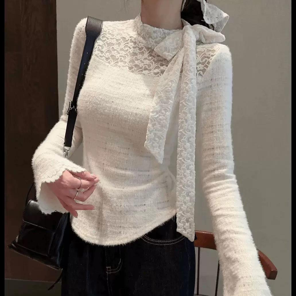 

EEE Весенне-осенняя кружевная трикотажная женская приталенная футболка: Трендовый топ, подчеркивающий фигуру S (Recommended 75-95 jin)