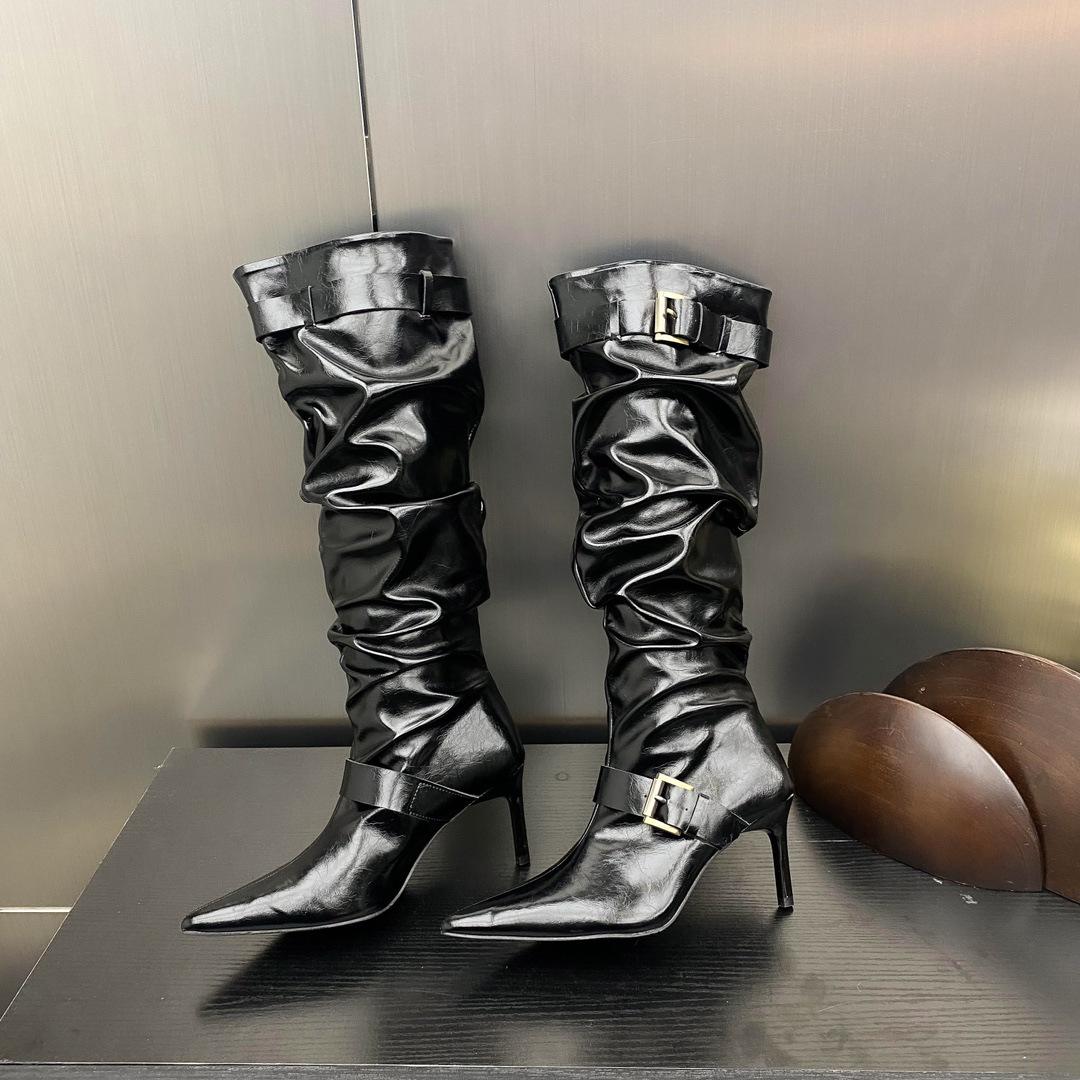 

European & American Style Slouchy Pointed Toe Belted Slimming Stiletto Long Boots 36