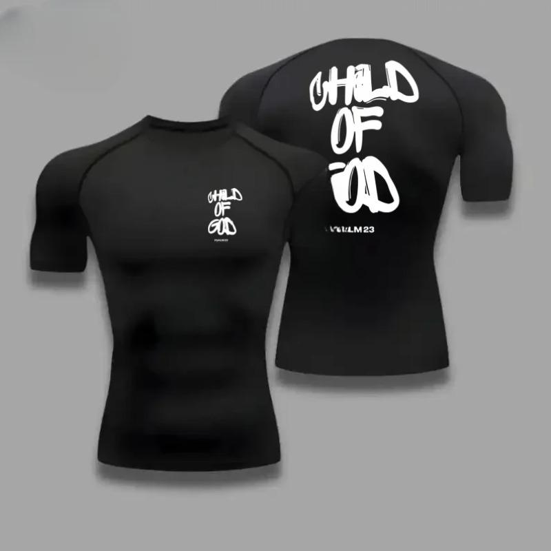 Summer Men Compressed Shirt Sports Quick Drying Fitness T-shirt Tight Faith Inspired" Back Print Jersey - Stretchy Short Sleeve