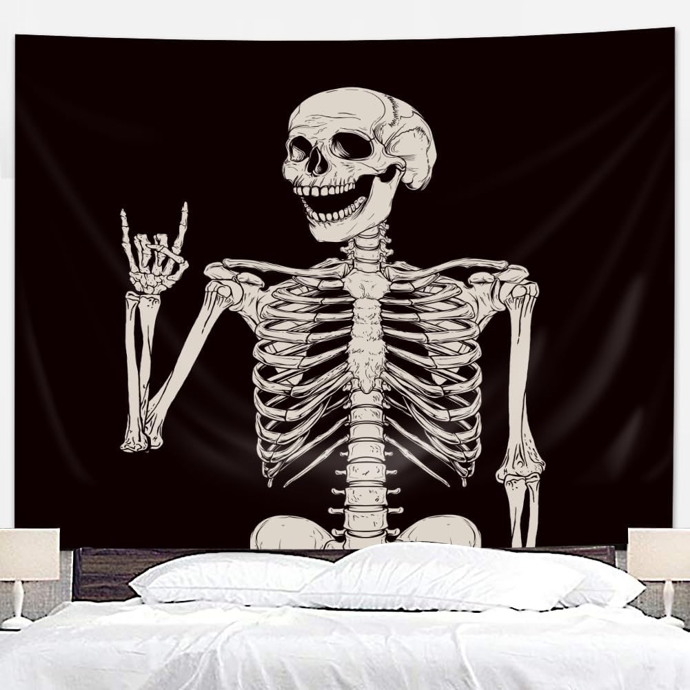 Riyidecor Skull Skeleton Tapestry Wall Hanging 51Hx59W Inch Funny Black and White Theme Home Decor for Men Women Gothic Hippie Halloween Bohemian