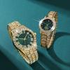 2 Pcs/Set Couple's Watch Set Luxury Rhinestone Set Quartz Watch Analog Elegant Green Dial Watch Ideal for Men and Women