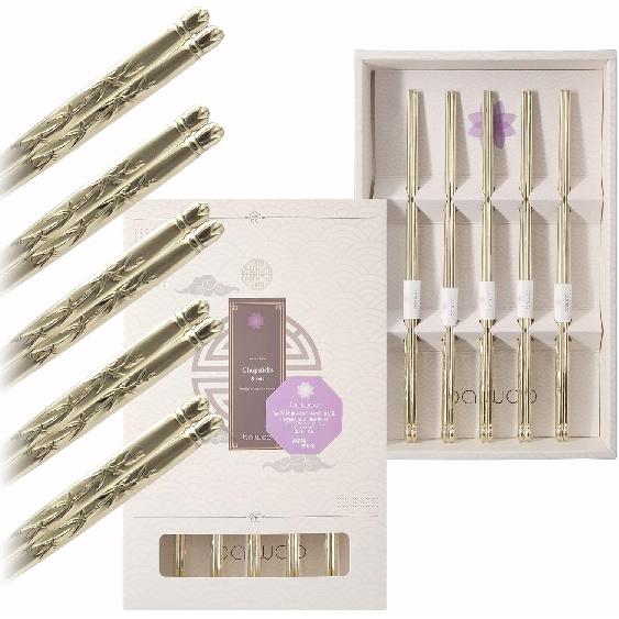 Korean Flat Chopsticks [5 Sets][Made in Korea] 304 Premium Stainless Steel Mukbang Utensil Cutlery Silverware Metal Chopsticks (Orchid Painting)