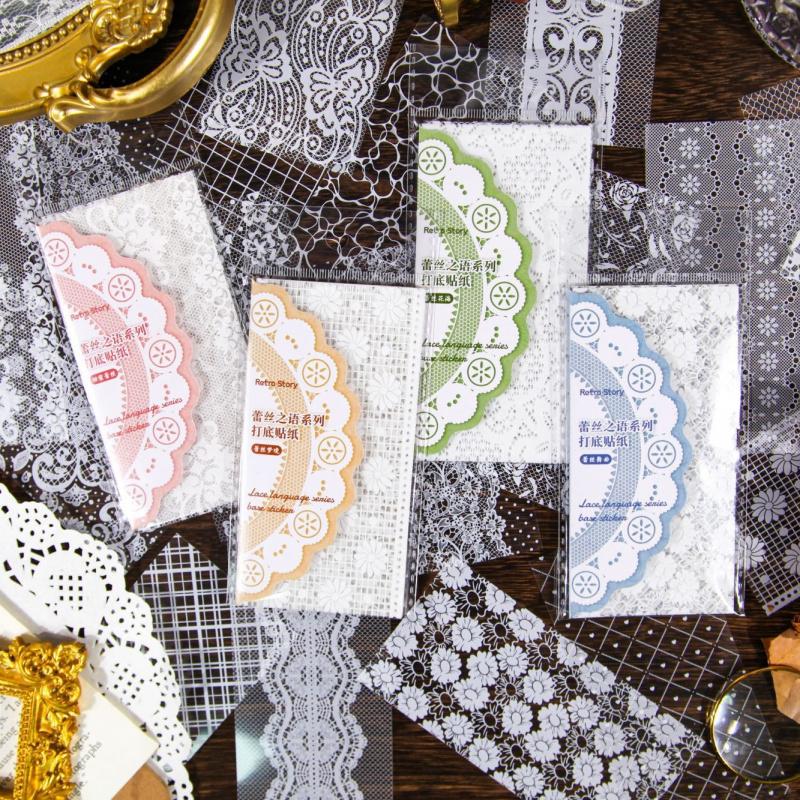 12 Sheets White Ink Lace PET Stickers, Vintage Transparent Decor, Journal DIY Waterproof Collage Material