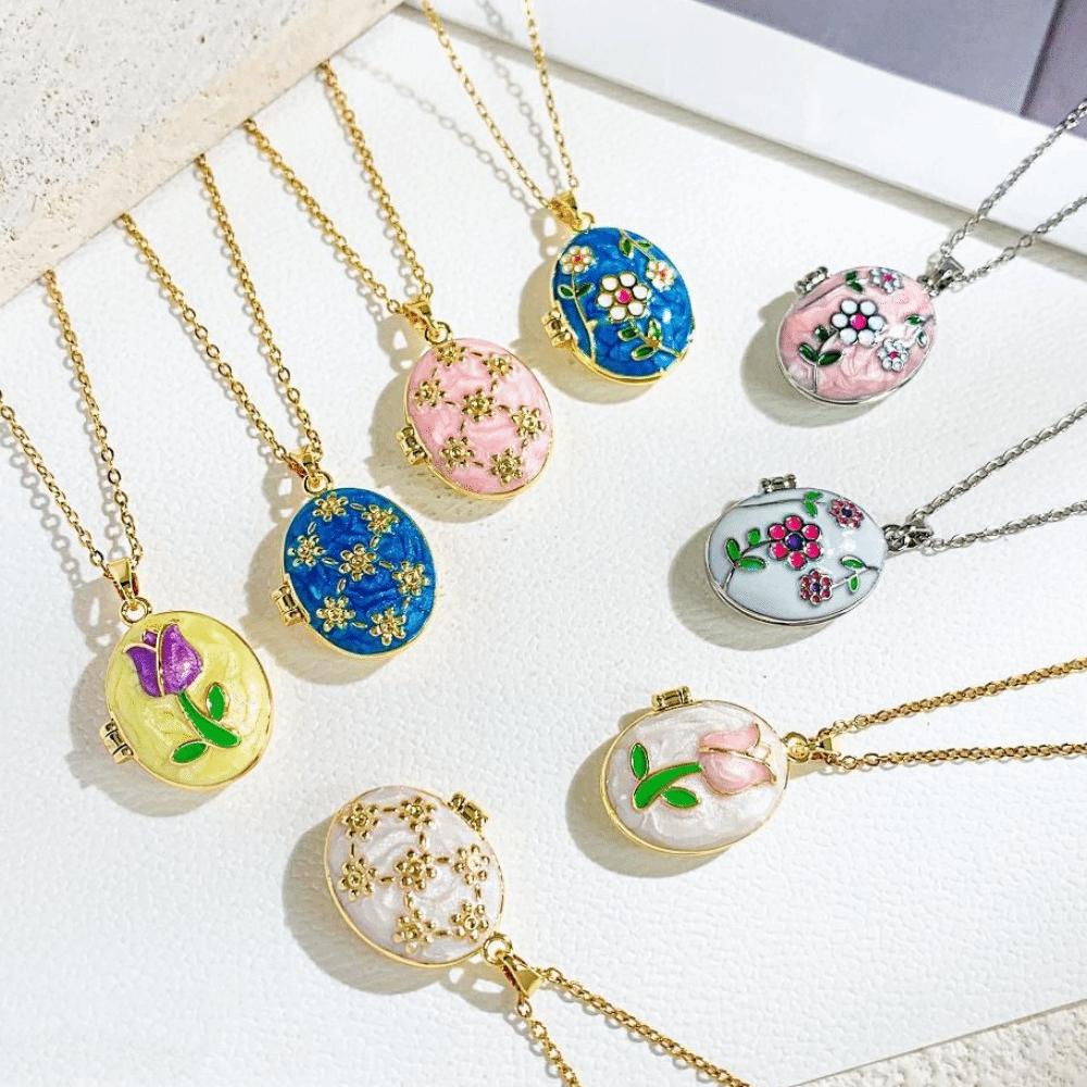 Titanium Steel Enamel  Necklace Openable Glazed Flower Choker Photo Locket Pendant Necklace  Girl