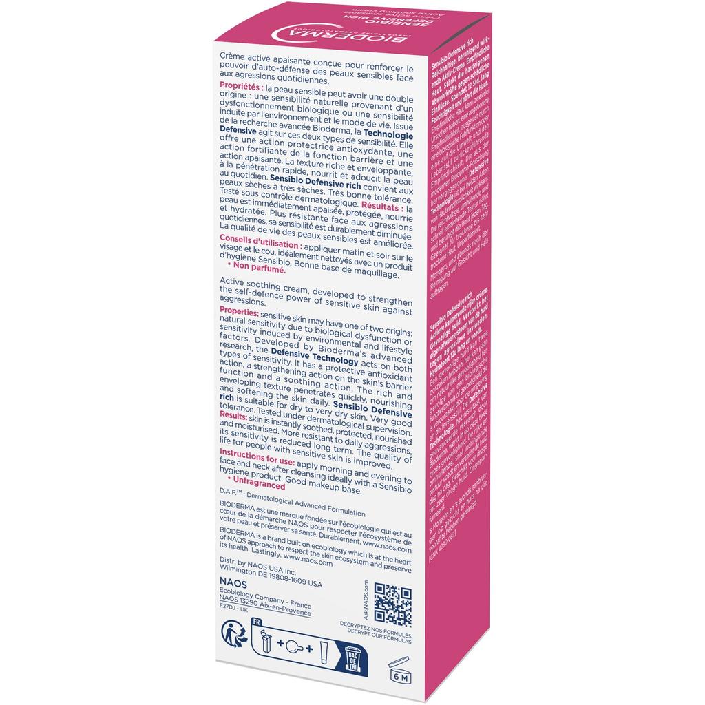 Bioderma Sensibio Defensive Rich Soothing Repairing Cream 40 ml for Sensitive Skin Hydrating Moisturizing French Pharmacy
