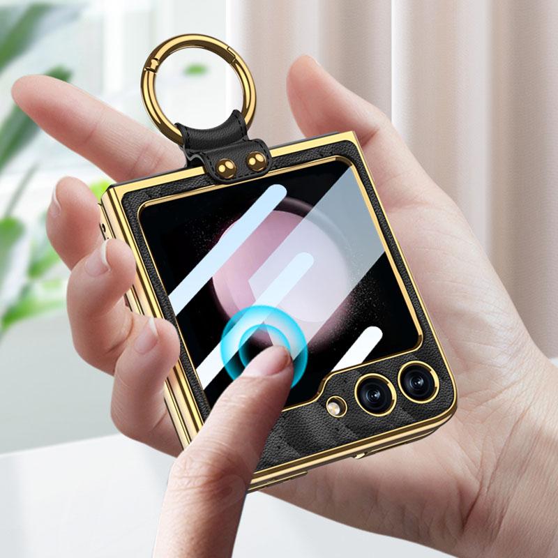 Luxury Leather Plating Ring Holder Case For Samsung Galaxy Z Flip 5 5G Back Screen Glass Hard Cover For Galaxy Z Flip5 Case