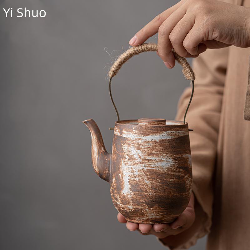 Handmade Coarse Pottery Teapot with Handle Antique Ball Hole Tea Filter Ceramic Teapot Single Tea Brewing Device Tea Infuser