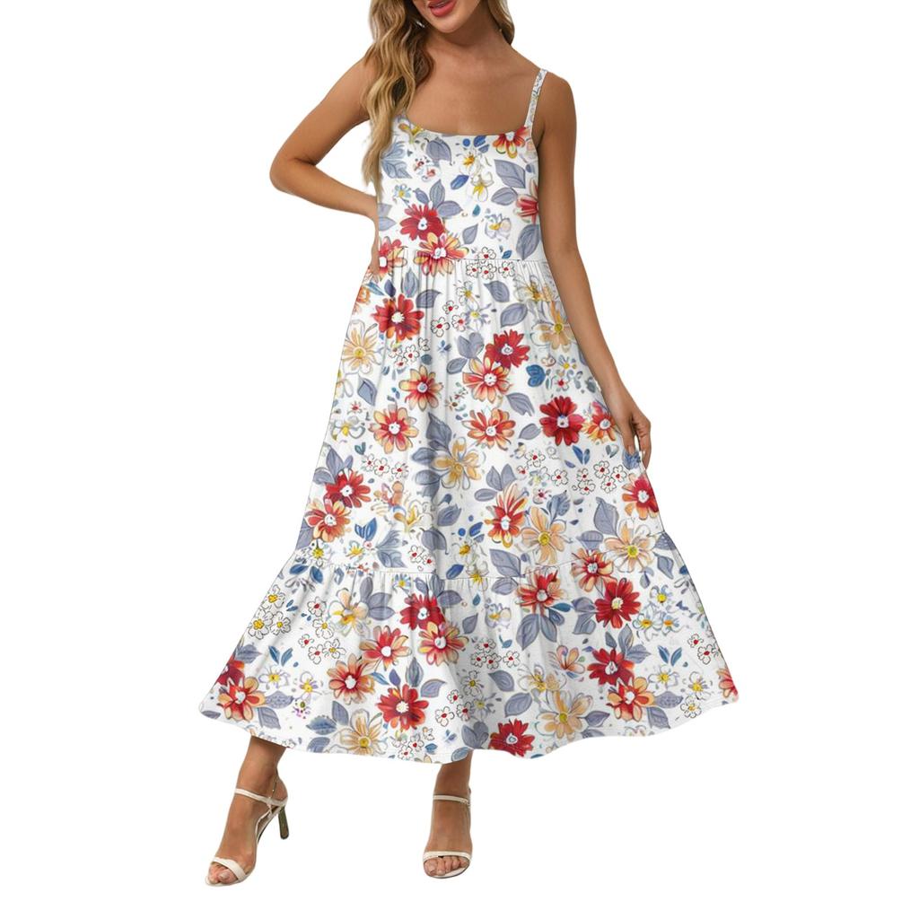 Damska Długa Plażowa Codzienna Elegancka Sukienka Maxi na Cienkich Ramiączkach, Szyta, Subtelna, Zwiewna Sukienka w Stylu Boho