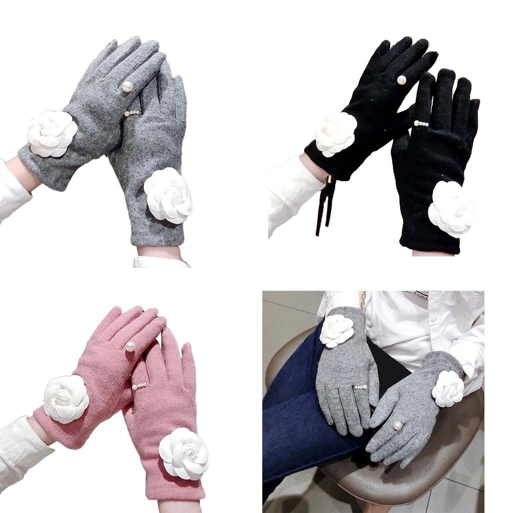 Camellia Pearls Mittens Winter Full Finger Warm Touching Screen Keep Warm Outdoor Thermal Gloves Gloves