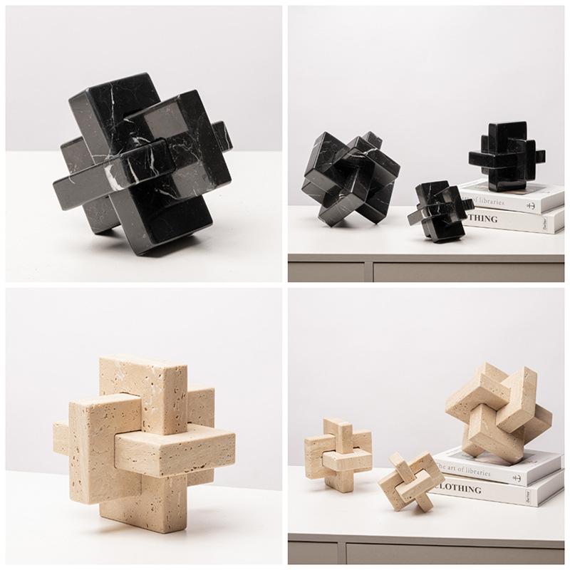 Creative Geometric Stone Sculpture Yellow Cave Stone Cross Ornaments Spliced Looped Square Ball Home Decoration Accessories