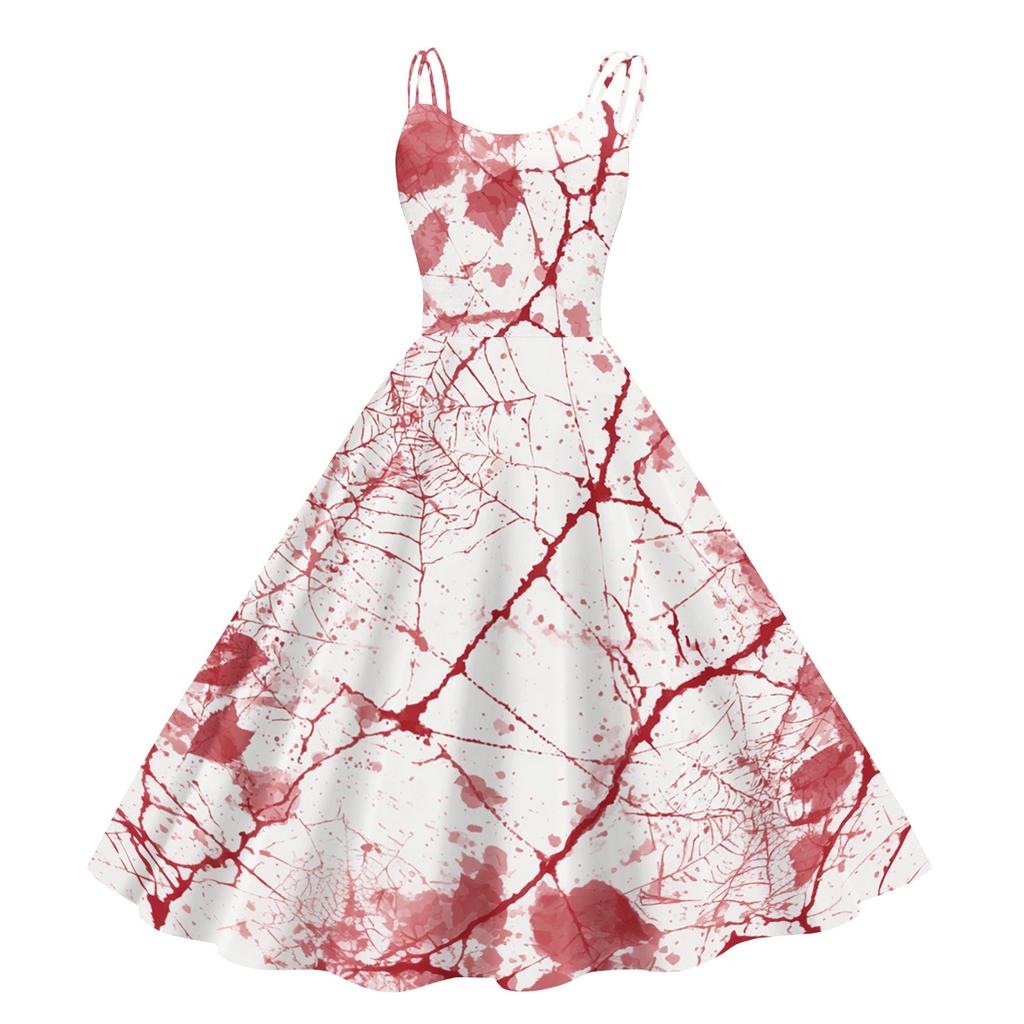 Women's Halloween Printed Off Shoulder Punk Vintage Dress Sleeveless Spaghetti Strap A-Line Midi Dress with Floral and Spider Web Pattern