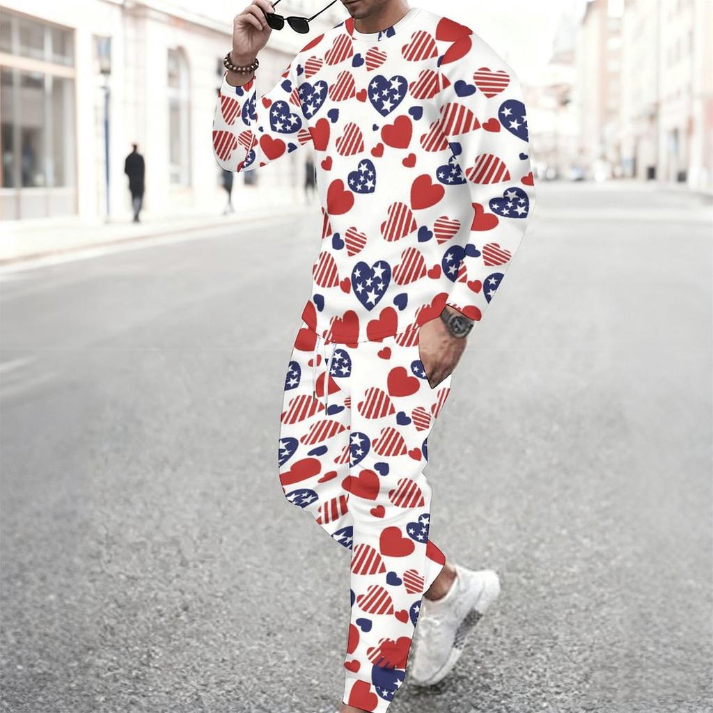 Men All Over Butterfly Floral American Flag Print Long Sleeve Sweatshirt And Drawstring Jogger Pants Two Piece Suit