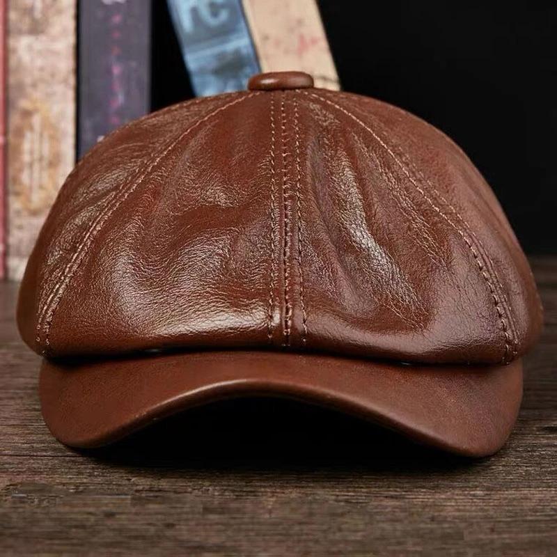 2025 Retro Octagonal Genuine Leather Hat Autumn Men's Cowhide Leather Beret Elegant Fashion Tongue Cap Snapback Caps For Men
