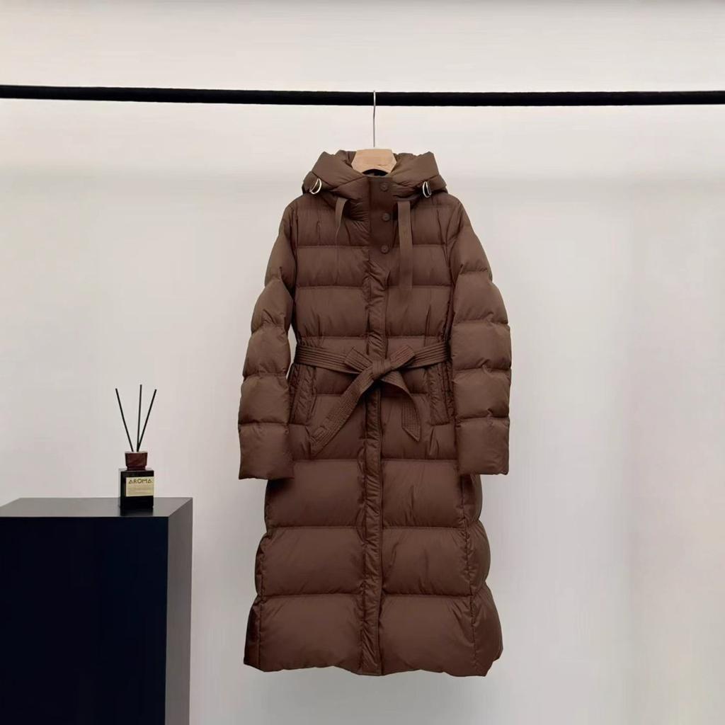 White duck down women's long over the knee winter new hooded waist slim and thin thickened belt jacket