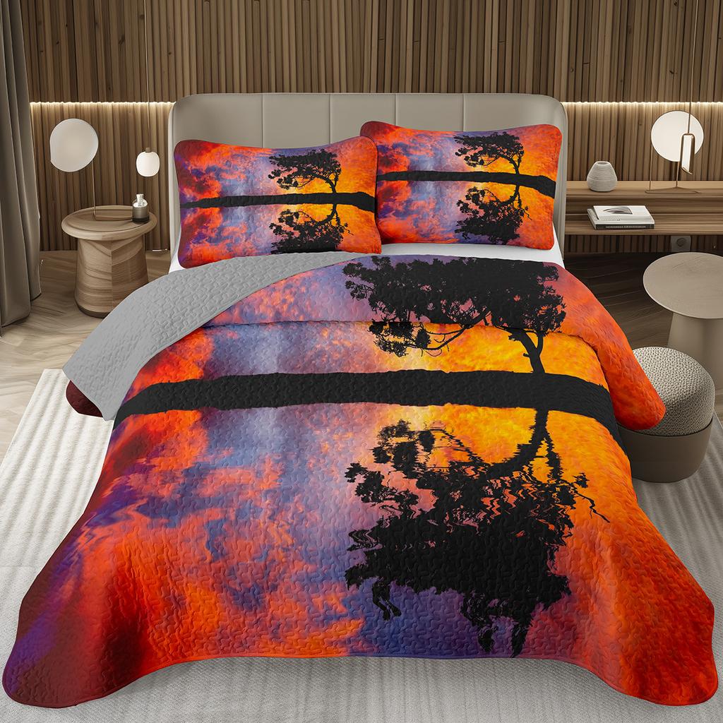 Sunset Scenery Bedspread Queen/Full Natural Landscape Quilted Coverlet 2/3Pcs Reversible Grey Bedding Set for Boy Girl Room Dorm