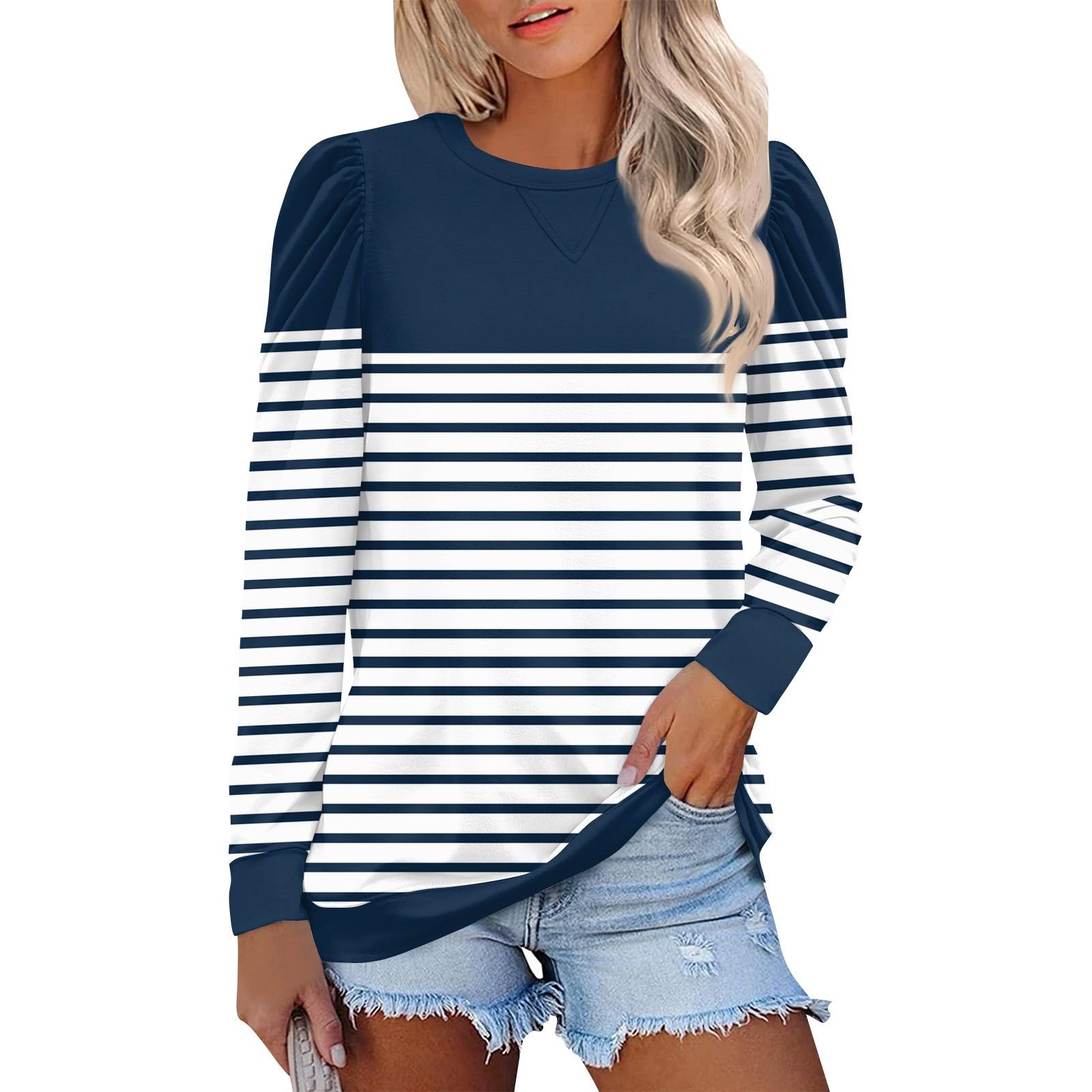 

Топы для женщин, осенние рубашки с длинным рукавом, повседневные свитера с круглым вырезом, мягкие свободные топы с принтом L тёмно-синий