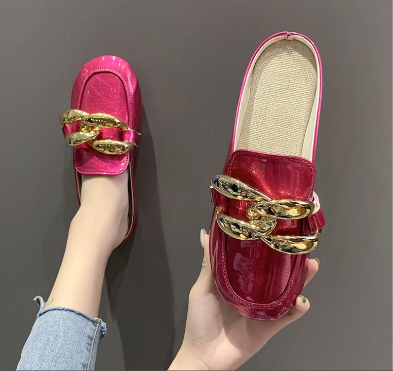 

Фирменный дизайн, золотая цепочка, женские тапочки, закрытый носок, слипоны, мюли, туфли с круглым носком, на низком каблуке, повседневные шлепанцы, шлепанцы, большие размеры 35 зелёный