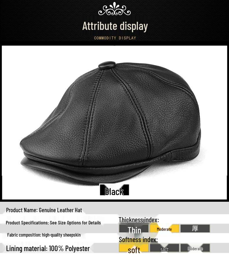 Men's Genuine Leather Retro Octagonal Beret – Autumn/Winter Cowhide Hat