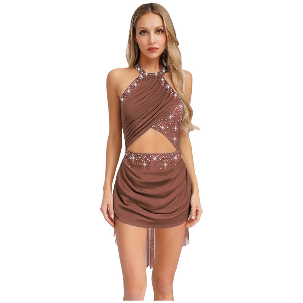 Womens Lyrical Dance Costume Cutout Strappy Backless Design Sheer Mesh Overlay Glittery Rhinestone Leotard Dress