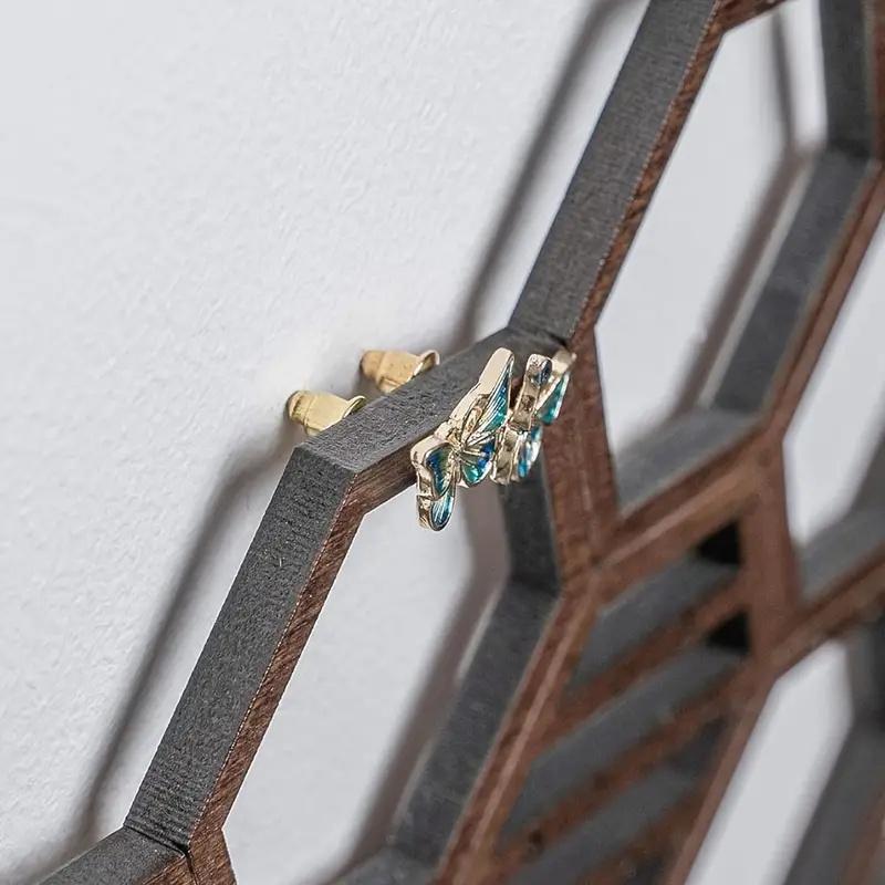 Wooden Hexagonal Jewelry Display Stand Wall-Mounted Earring Necklace Display Stand Creative No-Punching Jewelry Storage Rack