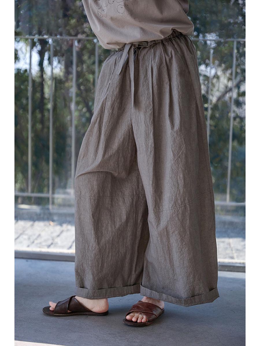 Retro Brownish-Gray Cotton Wide-Leg Women s Pants - Summer Casual Style Medium