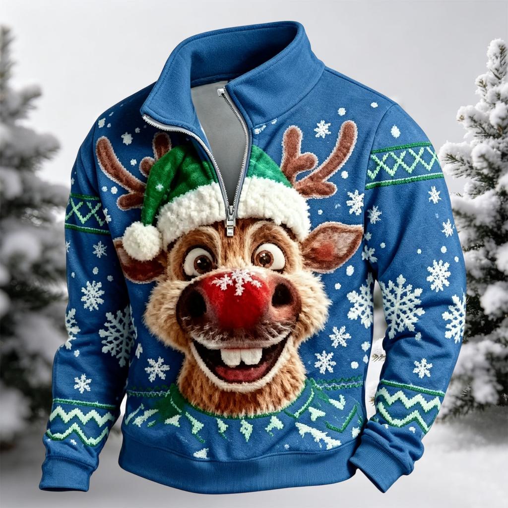 Men's Casual Christmas Zip Up Long Sleeve Sweatshirt with Stand Collar