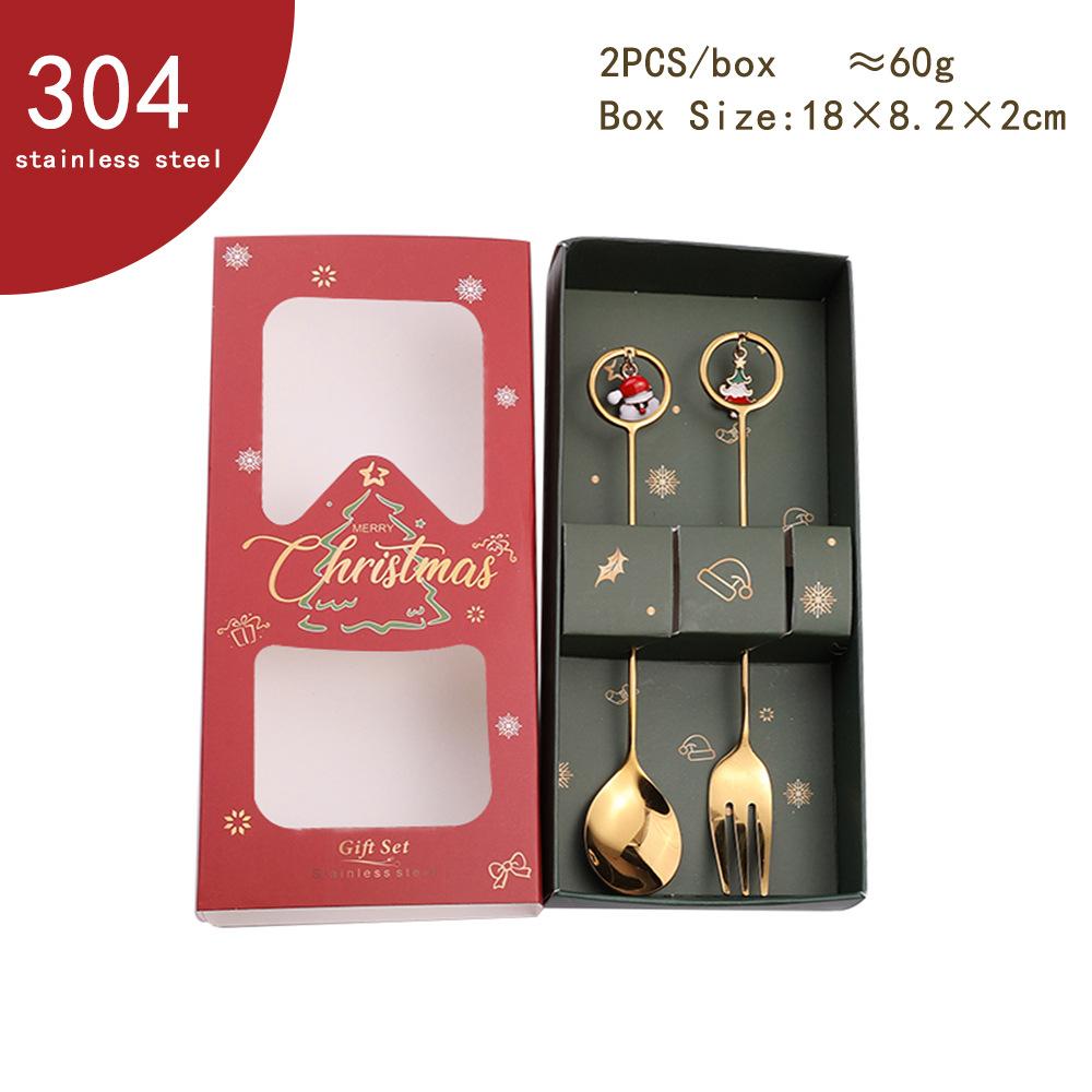 HANYANG juleskjesett julegavebestikk To sett med dessertskjeer og gafler Santa elg dukkeskje