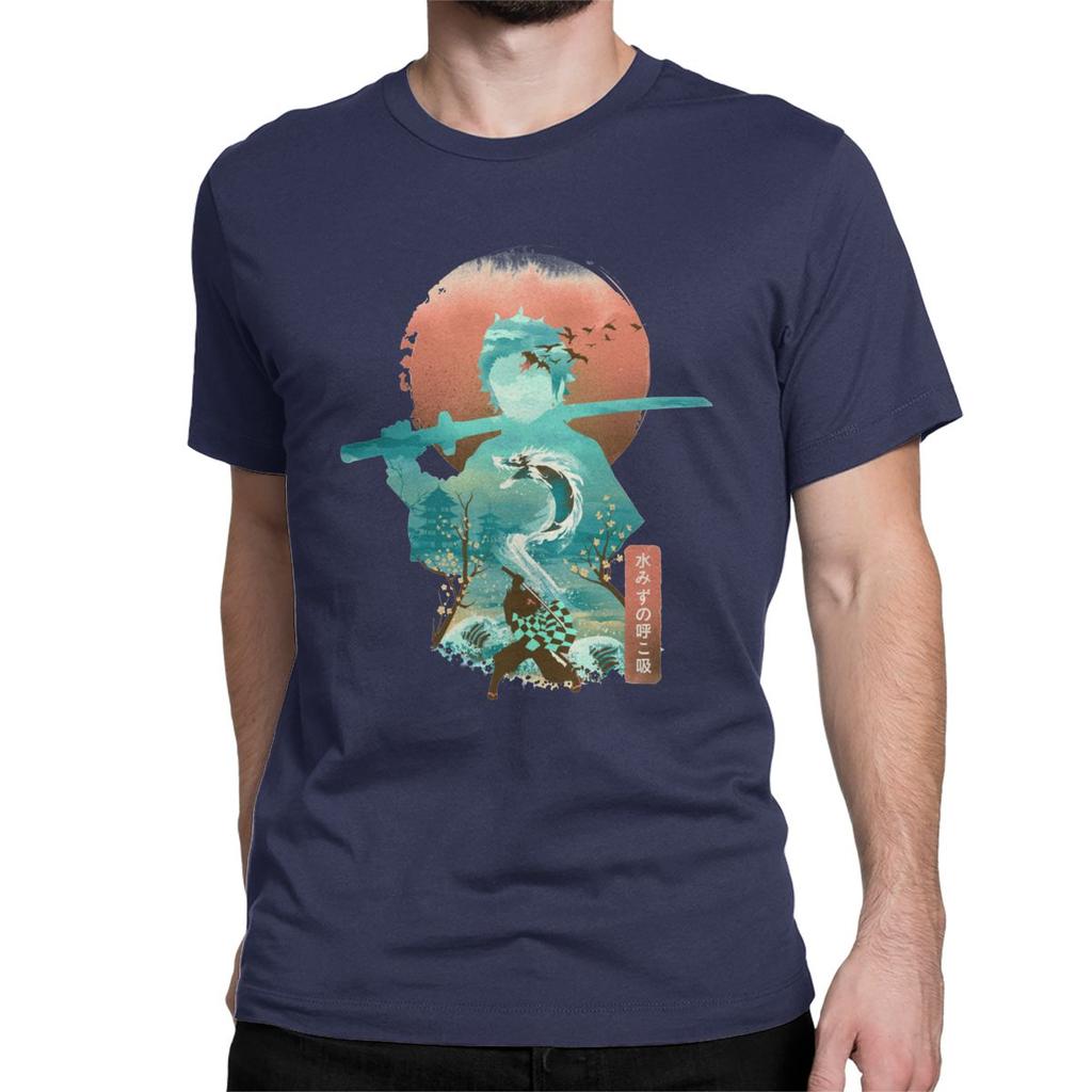 Men T Shirt Ukiyo E Breath Of Water Classic Vintage Pure Cotton Tee Shirt Demon Slayer