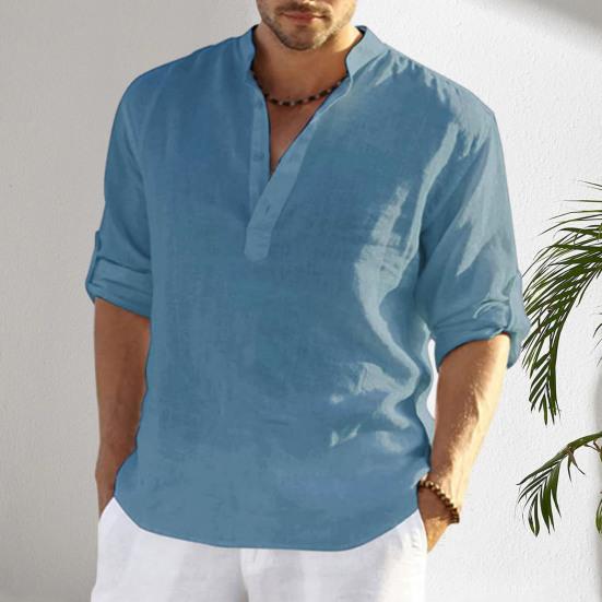 Camicia estiva da uomo maniche lunghe colletto alla coreana tinta unita pullover ampio abbigliamento quotidiano bottoni casual taglie forti uomo top abbigliamento maschile