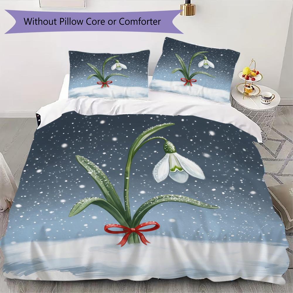 Winter Snowdrop Pattern Bedding uilt Set uilt Cover Pillowcase Home Decoration Birthday Gift (1 * duvet cover + 2 * pillowcase without core)
