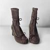 Fashion Women's 2025 New Bow Block Heel Side Zipper Small Booties Niche Design Suede Skinny Boots