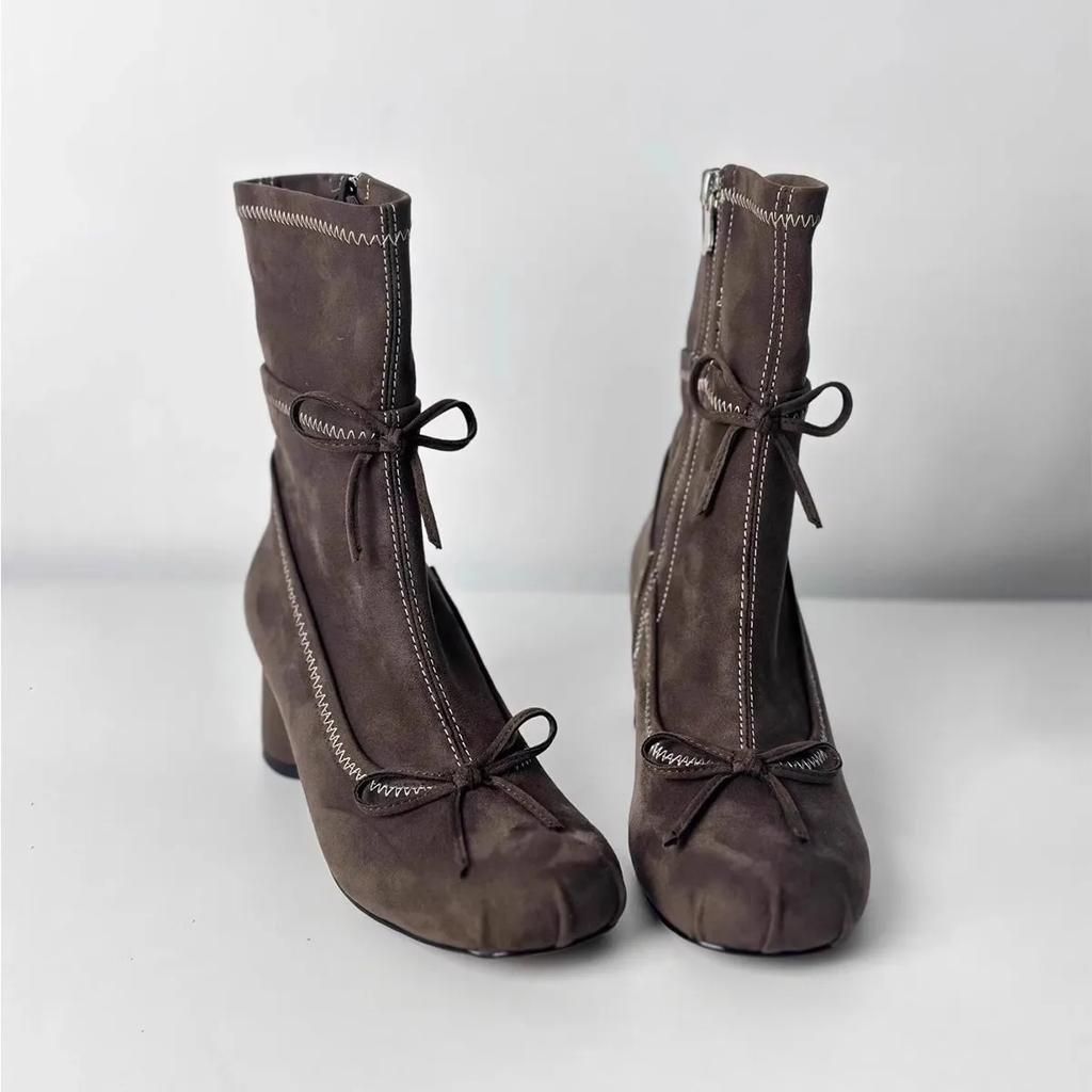 Fashion Women's 2025 New Bow Block Heel Side Zipper Small Booties Niche Design Suede Skinny Boots