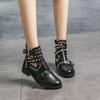 Fashion Rivets Black Ankle Women Boots Faux Leather Booties Metal Buckle Straps Square Heel Studded Woman Boots Motorcycle Shoes