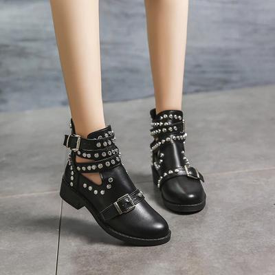 Fashion Rivets Black Ankle Women Boots Faux Leather Booties Metal Buckle Straps Square Heel Studded Woman Boots Motorcycle Shoes
