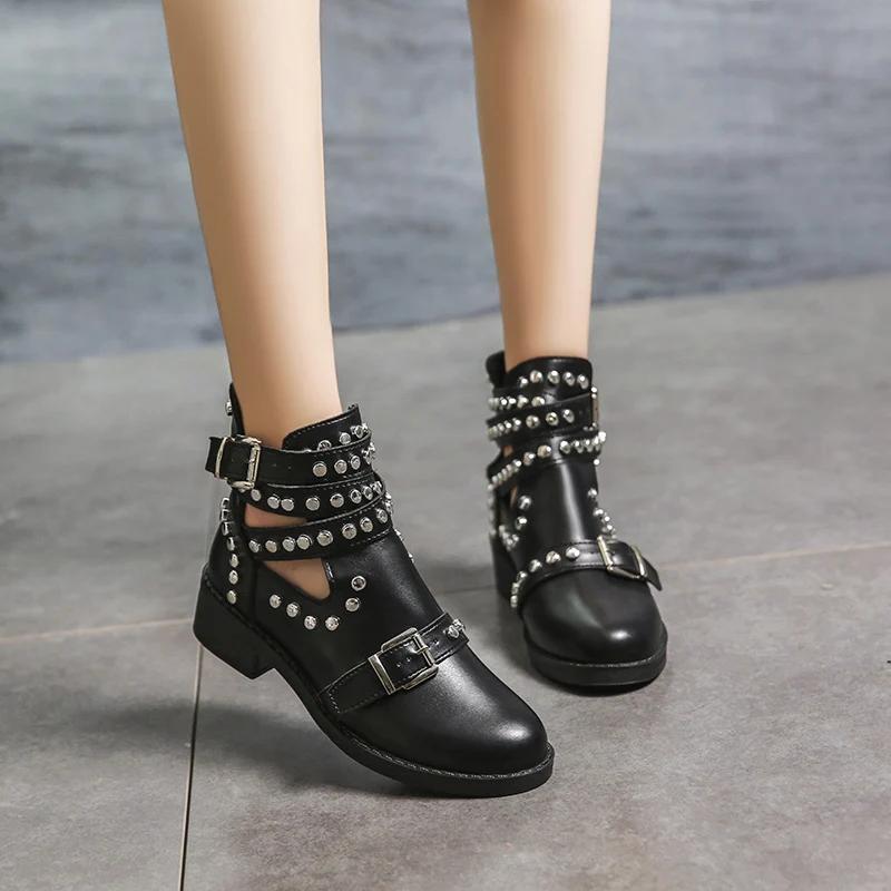 Fashion Fashion Rivets Black Ankle Women Boots Faux Leather Booties Metal Buckle Straps Square Heel Studded Woman Boots Motorcycle Shoes