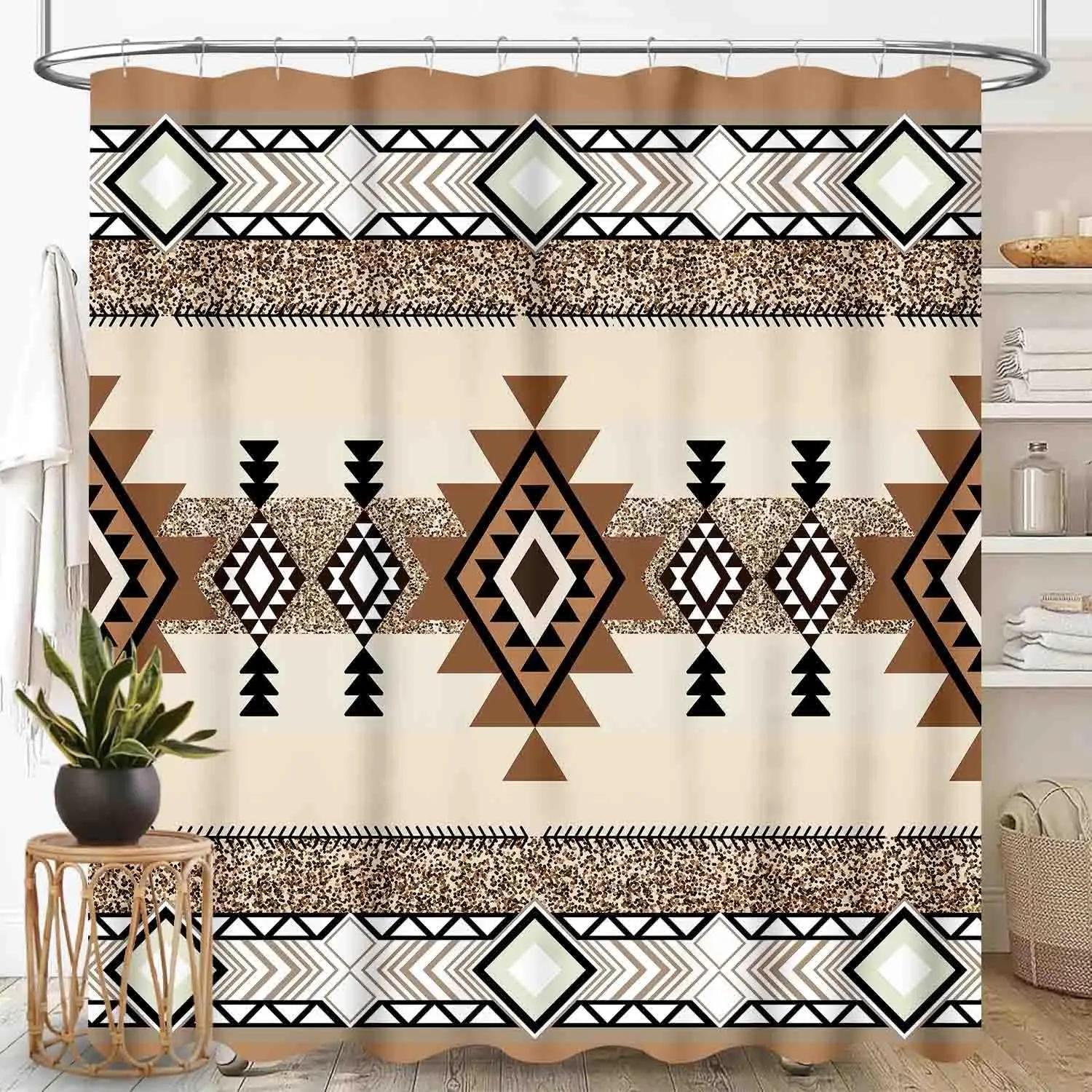 Afrikaans Modderdoek Douchegordijn, Boheems Modern Abstract Geometrisch Print Tribaal Afrika Etnisch Patroon Boho Bruin Waterdicht 150x180cm