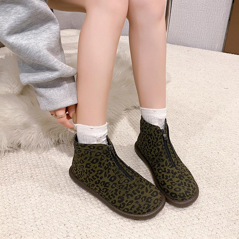 Autumn and Winter New European and American Simple and Versatile Leopard Print Low Heel Short Tube Front Zipper  Large Size Fashion Boots