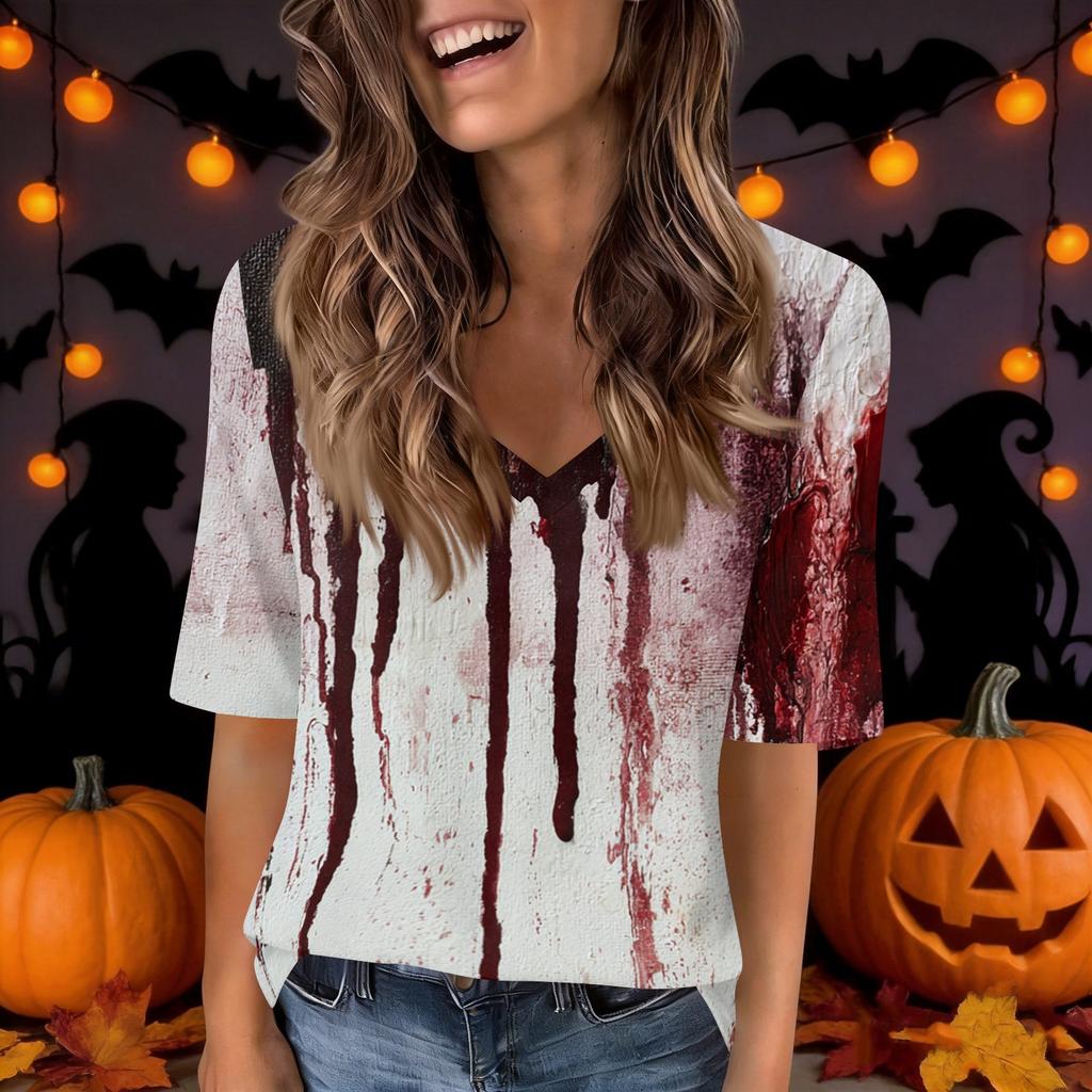 Women's V-Neck Short Sleeve Halloween Print Casual Top